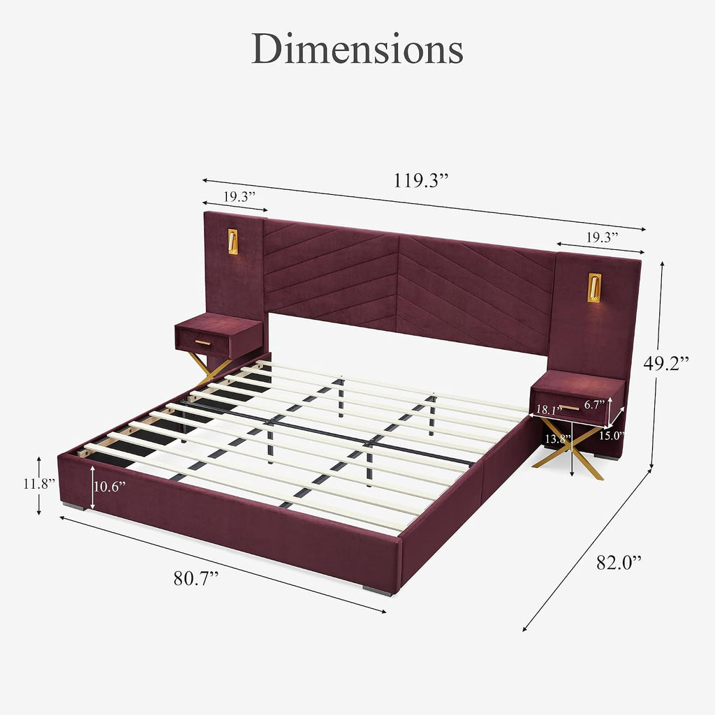 DEINPPA Luxury King Bed Frame with Built-in Gold LED Lights and Nightstands, King Size Platform Bed with Oversize Upholstered Headboard, No Box Spring Needed-Burgundy