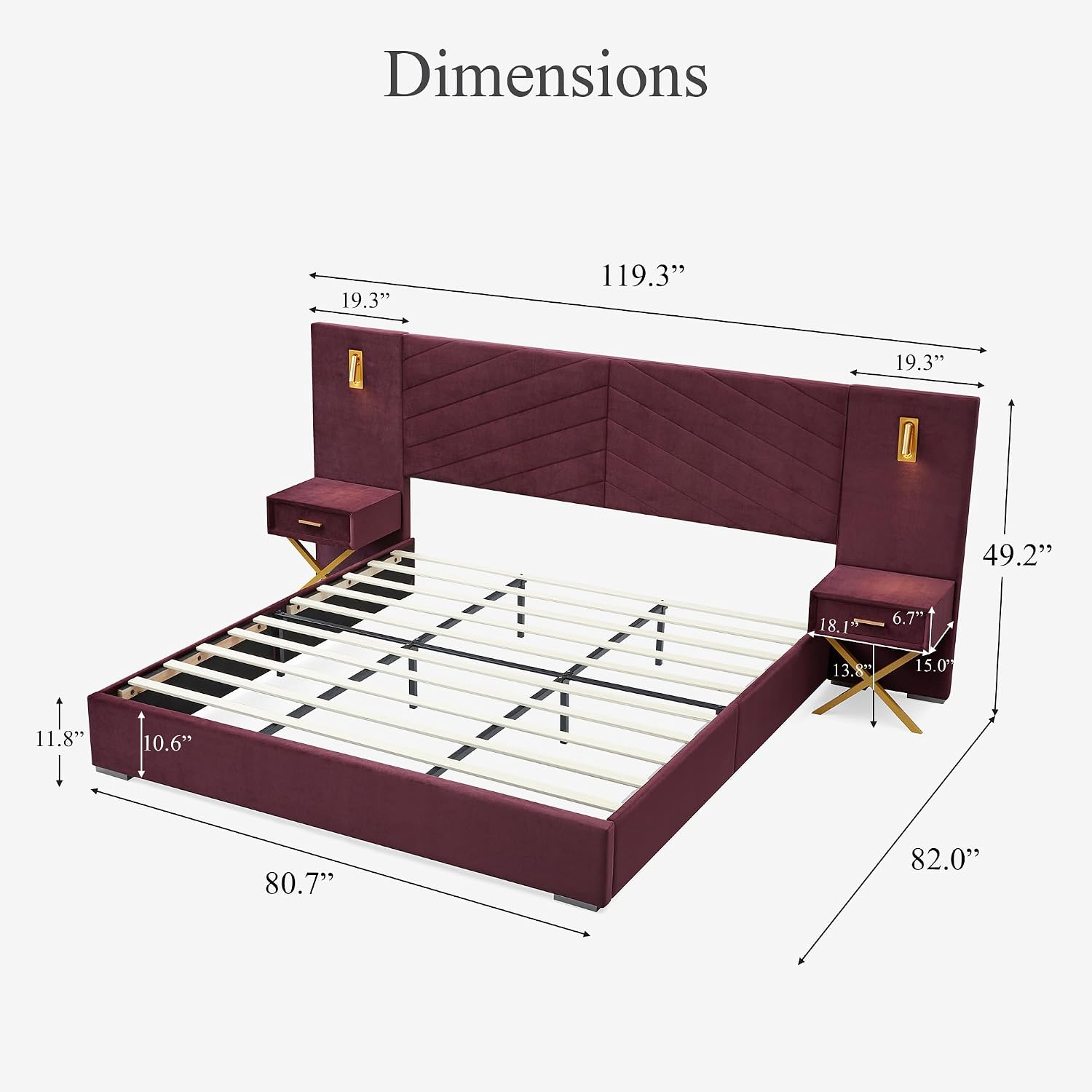 DEINPPA Luxury King Bed Frame with Built-in Gold LED Lights and Nightstands, King Size Platform Bed with Oversize Upholstered Headboard, No Box Spring Needed-Burgundy