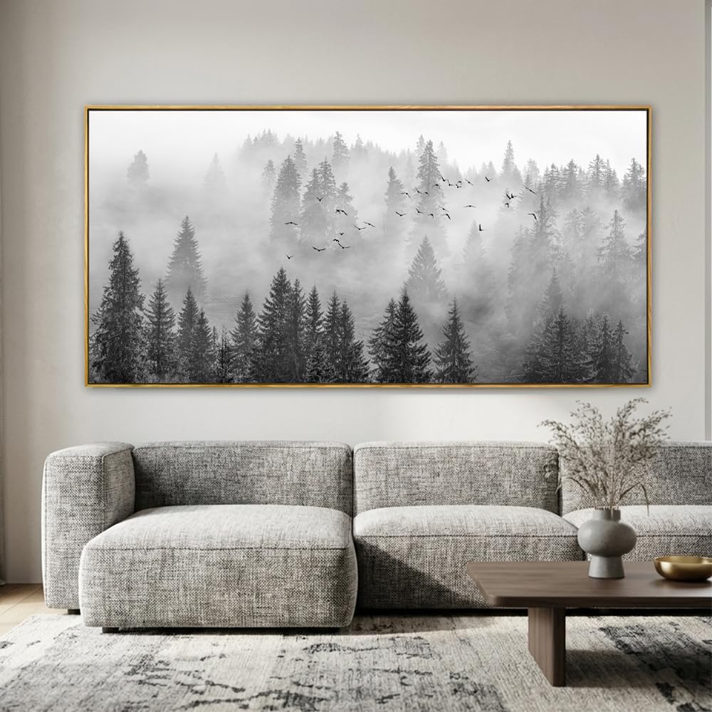 vgrozirh Framed Ready to Hang Wall Art Foggy Forest Black and White Wall Art Nature Landscape Mountain Photographic Printed on Canvas for Bedroom Living Room Office Home Decor 24'x48'