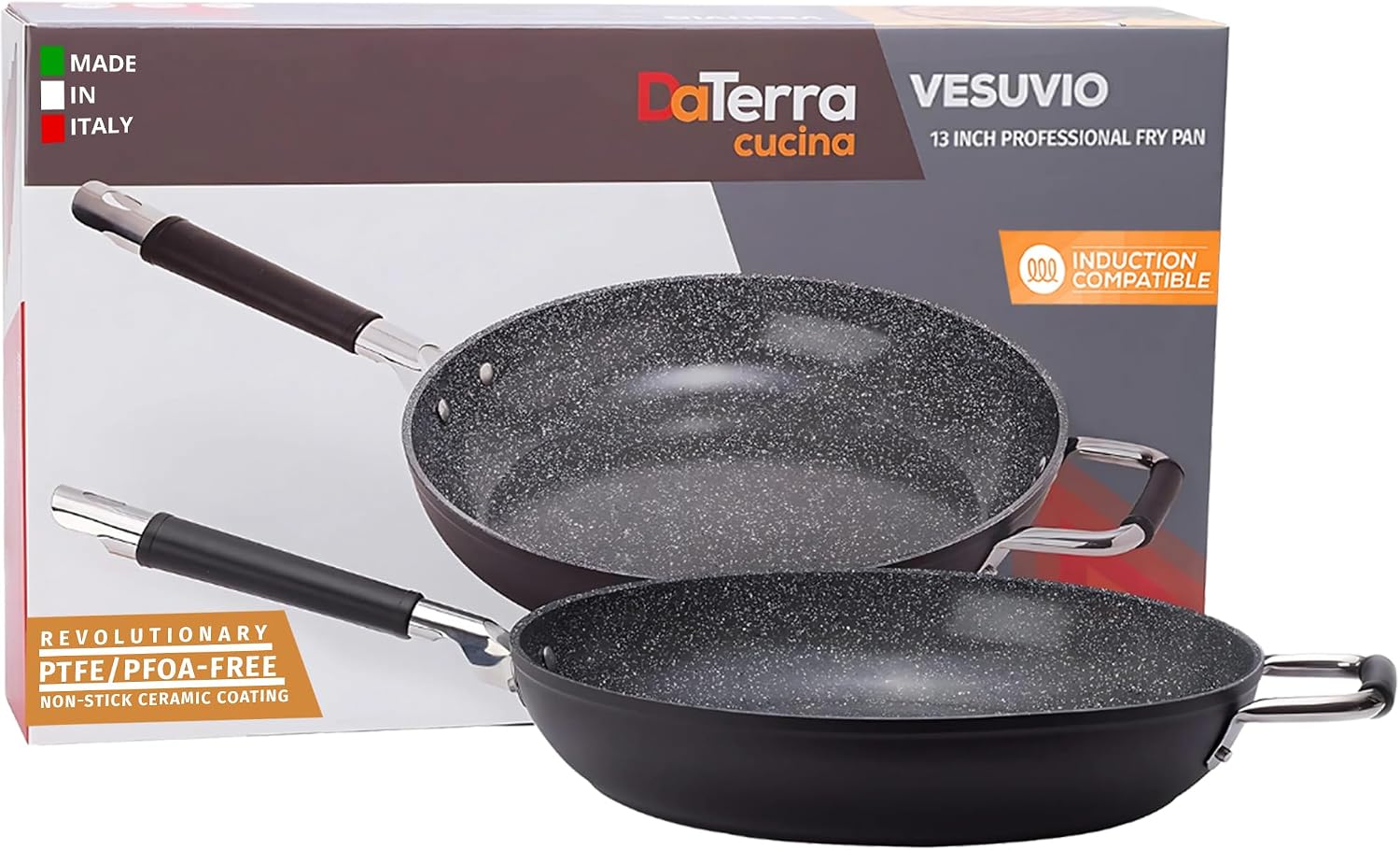 DaTerra Cucina 13' Non-stick Ceramic Frying Pan - Large Nonstick Frying Pan for Cooking - Induction Compatible & Oven Safe, High Heat Resistant - PTFE, Lead, Cadmium & PFOA Free, Made in Italy - Black