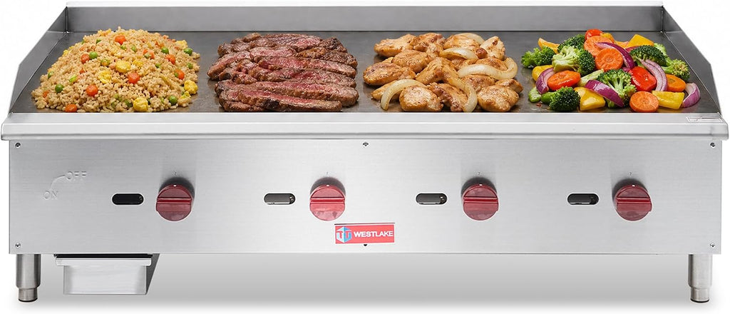 WESTLAKE 48'W Commercial Gas Griddle Countertop Natural Gas and Propane Griddle with 4 Burners 120000 BTU, Stainless Steel Plate Grill for Restaurants