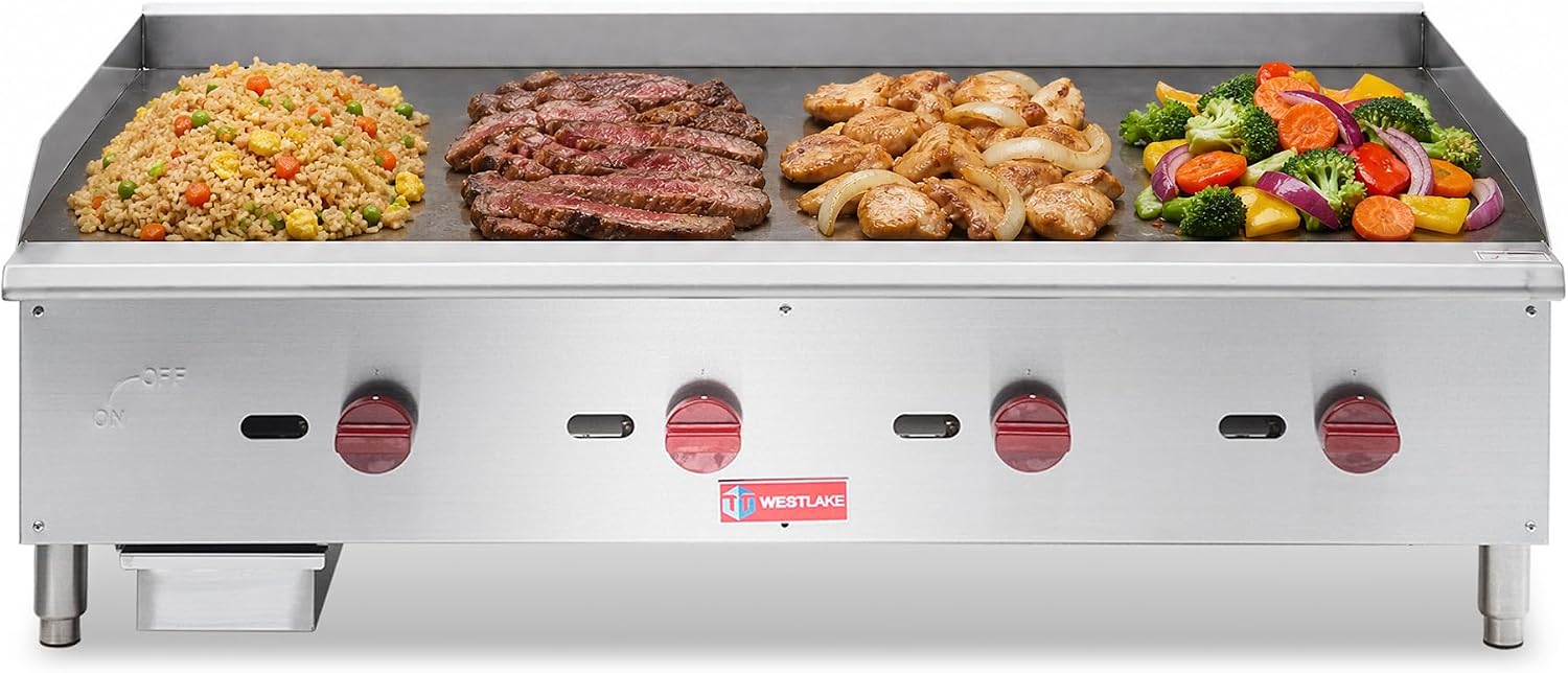WESTLAKE 48'W Commercial Gas Griddle Countertop Natural Gas and Propane Griddle with 4 Burners 120000 BTU, Stainless Steel Plate Grill for Restaurants
