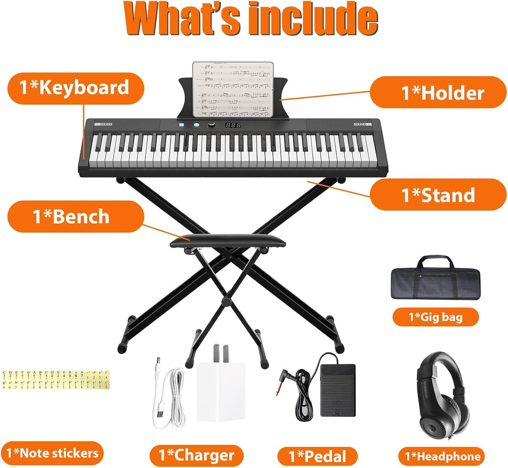 Home Digital Pianos, 61-Key Touch-Sensitive Keyboard Set, Portable HIPS Digital Piano with Adjustable Stand, Microphone & Learning Functions for Home Practice