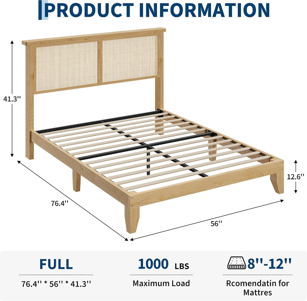 IDEALHOUSE Rattan Bed Frame Full Size with Natural Rattan Headboard & LED Lights, Wood Full Bed Frame with Solid Wood Foundation, No Box Spring Needed, Natural