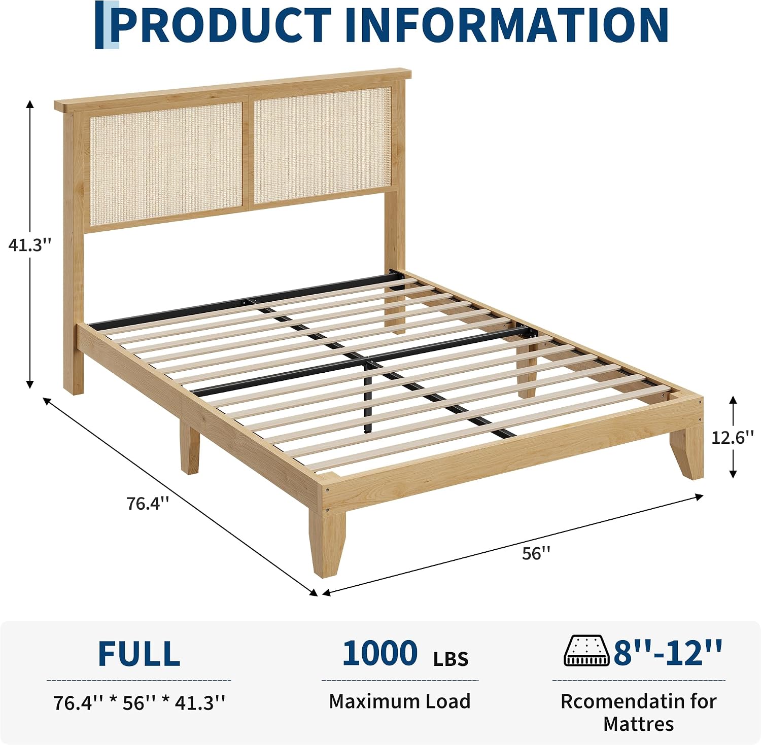 IDEALHOUSE Rattan Bed Frame Full Size with Natural Rattan Headboard & LED Lights, Wood Full Bed Frame with Solid Wood Foundation, No Box Spring Needed, Natural