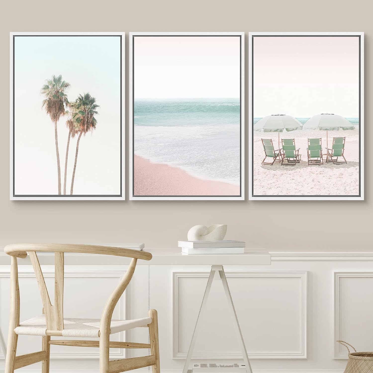 SIGNWIN Framed Canvas Print Wall Art Set Retro Vintage Pastel Tropical Island Beach Nature Wilderness Photography Modern Art Landscape Relax/Calm for Living Room, Bedroom, Office - 24'x36'x3 White