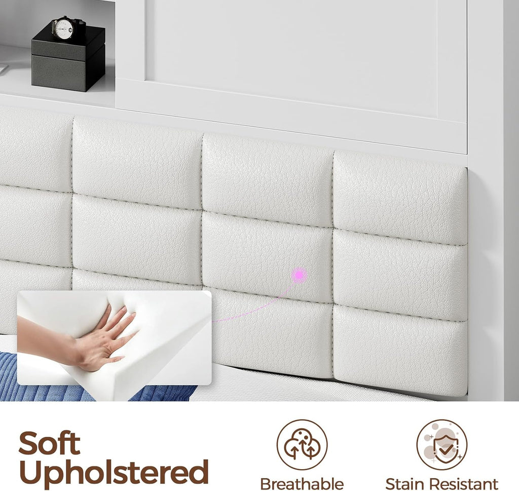 Rolanstar Bed Frame Twin Size with Charging Station, Bookcase Headboard Bed with LED Light and Sliding Doors, Platform Bed with Wooden Slats, No Box Spring Needed, Noise Free, White
