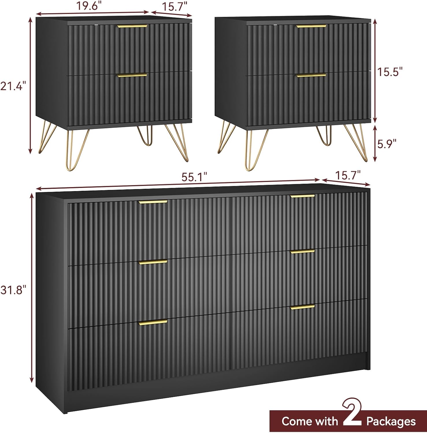 6 Drawer Dresser and Nightstand Sets for Bedroom, 3 Pcs Bedroom Set, Night Stand Set of 2 & 6 Drawer Dresser with Gold Handles, Modern Wood Chest of Drawers Storage Cabinet Set, Black