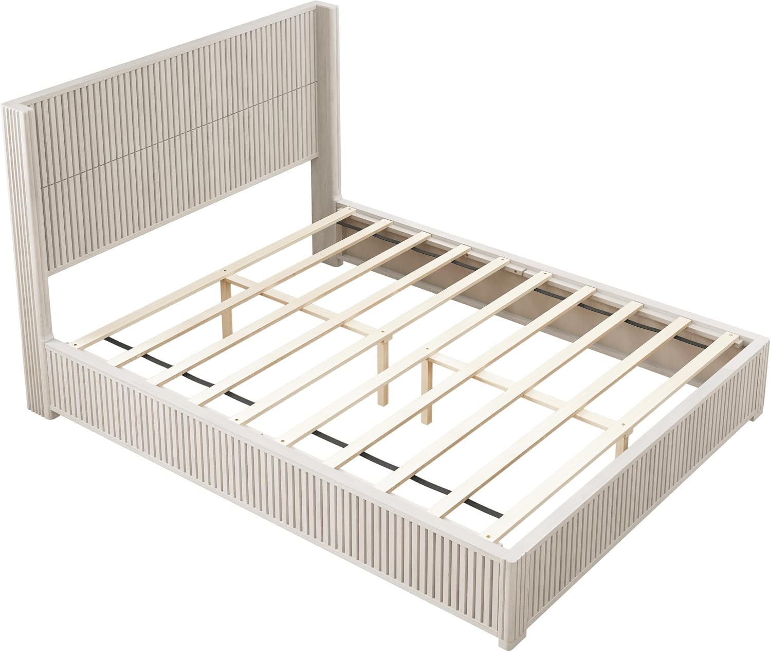 Ball & Cast Fluted Queen Bed Frame with Wingback Headboard,Solid Wood Platform Bed Frame Queen Size with Wood Slats, No Box Spring Needed, Easy Assembly,Beige