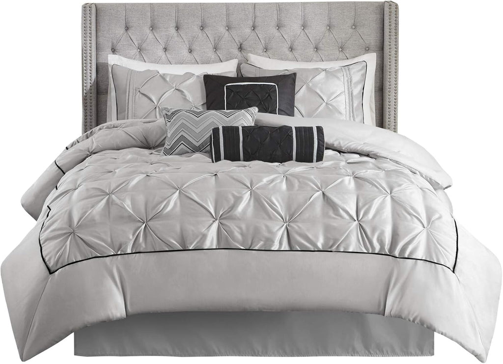 Madison Park Laurel Cozy Comforter Set - Traditional Tufted Faux Silk Design, All Season Down Alternative Bedding with Matching Shams, Decorative Pillow, Grey Cal King(104'x92') 7 Piece