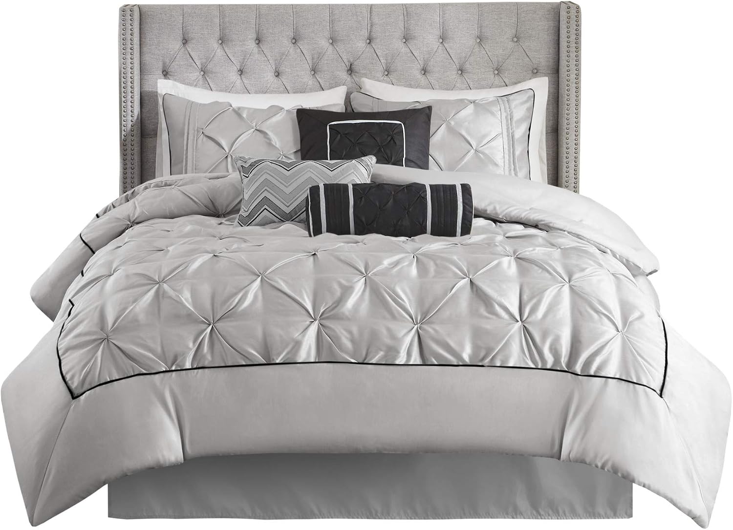 Madison Park Laurel Cozy Comforter Set - Traditional Tufted Faux Silk Design, All Season Down Alternative Bedding with Matching Shams, Decorative Pillow, Grey Cal King(104'x92') 7 Piece