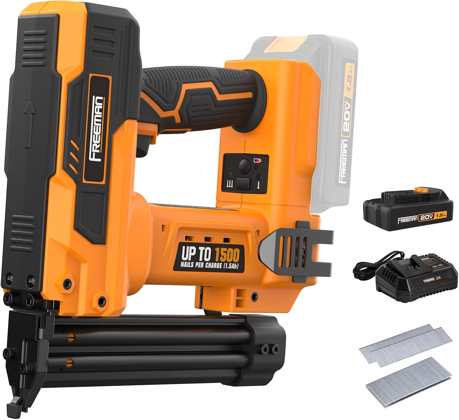 Freeman F20 20V Cordless 2-in-1 18-Gauge Nailer/Stapler | 1-1/4' Nails & Staples | 1500 Shots per Charge | Includes Battery, Charger & 400 Fasteners | PE20VBR9032