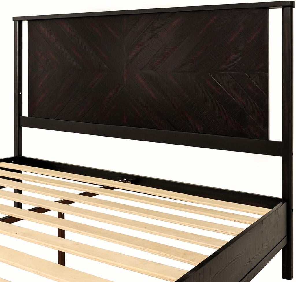 Bme Vivian Queen Bed Frame with Headboard, 14 Inch Deluxe Rustic Scandinavian Style - Solid Acacia Wood - No Box Spring Needed - 12 Strong Wood Slat Support - Easy Assembly - Rustic Black