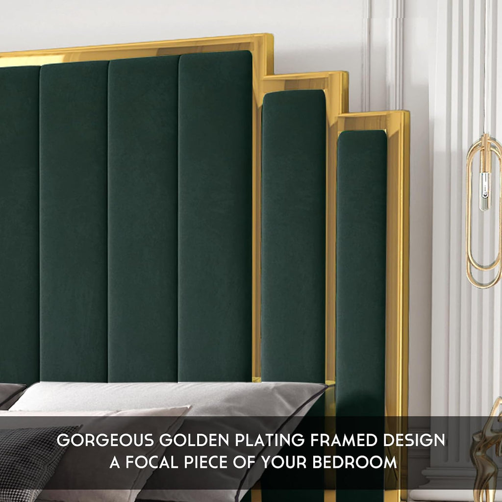 HOWE King Size Bed Frame and 65' Headboard, Upholstered Bed with Golden Plating Trim, Modern Platform Bed No Box Spring Needed, Green