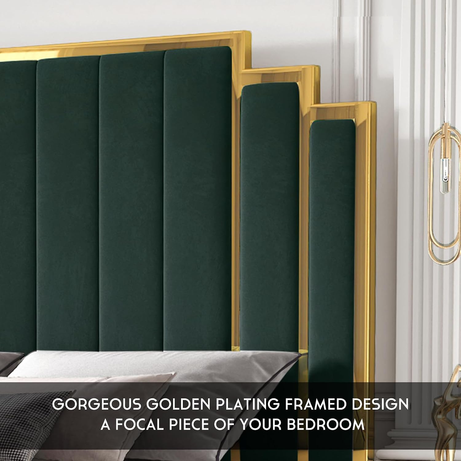 HOWE King Size Bed Frame and 65' Headboard, Upholstered Bed with Golden Plating Trim, Modern Platform Bed No Box Spring Needed, Green