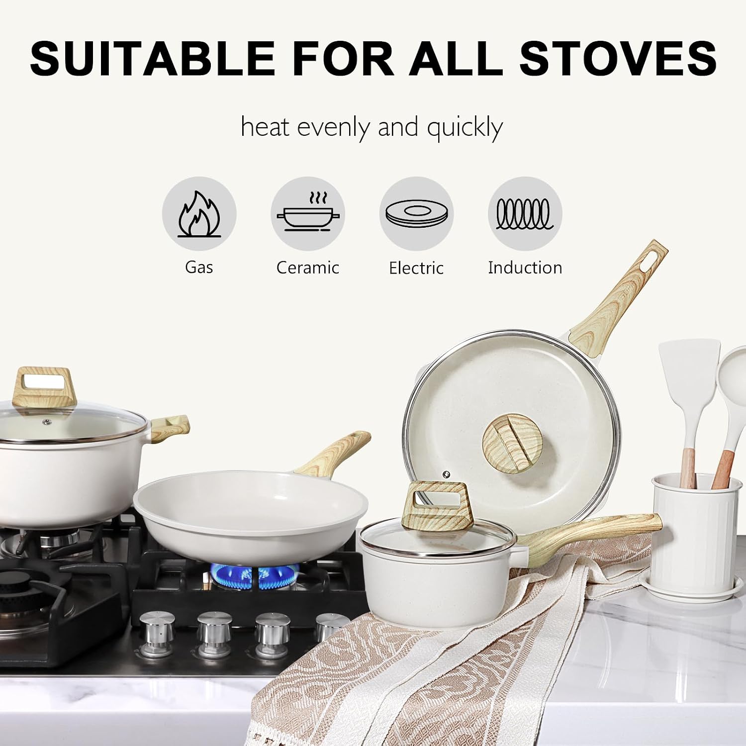 GiPP Ceramic Pots and Pans Set Non Stick - 18 Pcs Nonstick Cookware Set, Non-toxic Healthy Kitchen Cooking Set w/Frying Pans Set, Dishwasher Safe, PFAS PTFE PFOA PFOS Free, Cream White