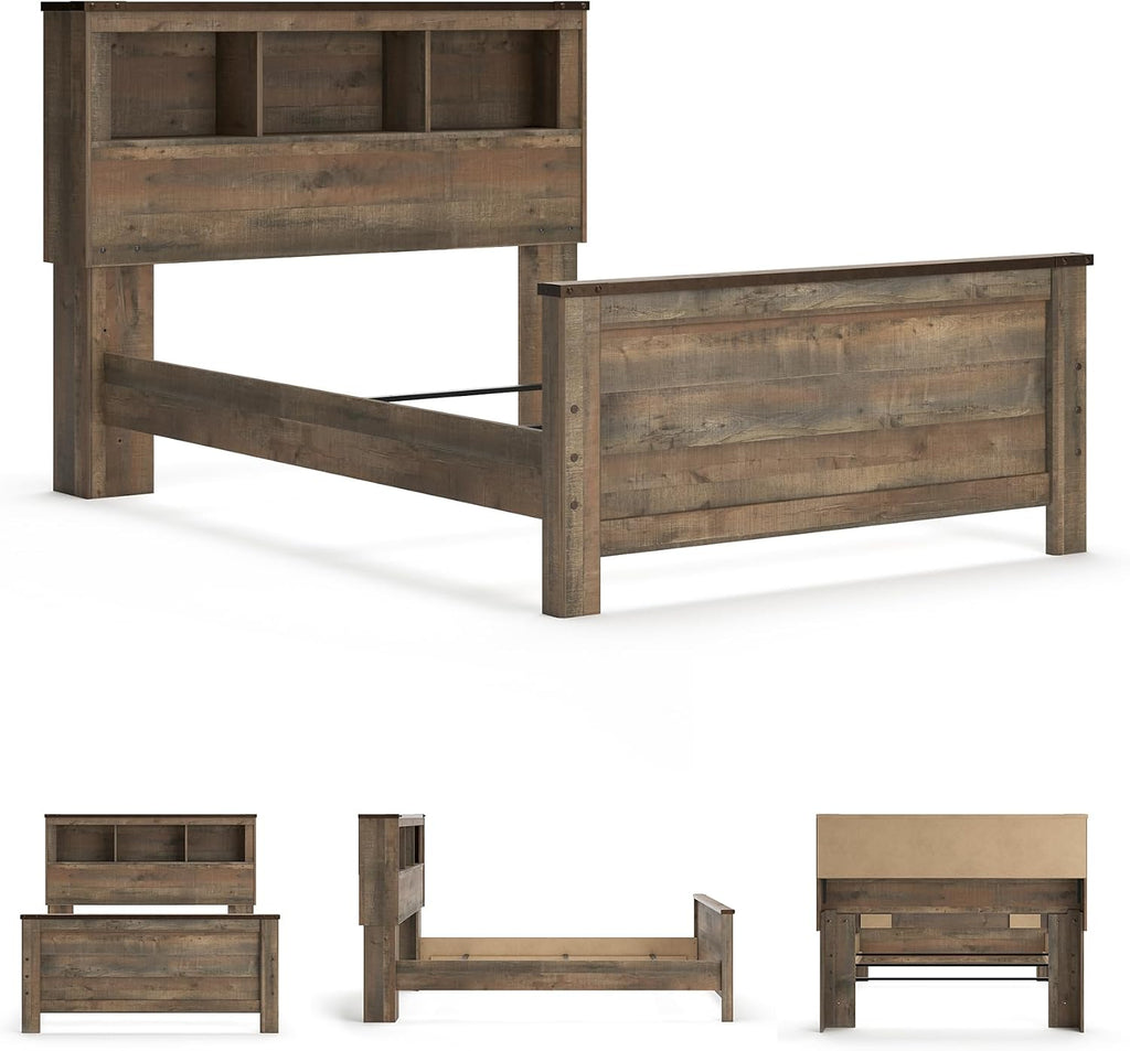 Signature Design by Ashley Trinell Country Rustic Bookcase Panel Bed with Nailhead Accents, Foundation or Box Spring Needed, Full, Dark Brown