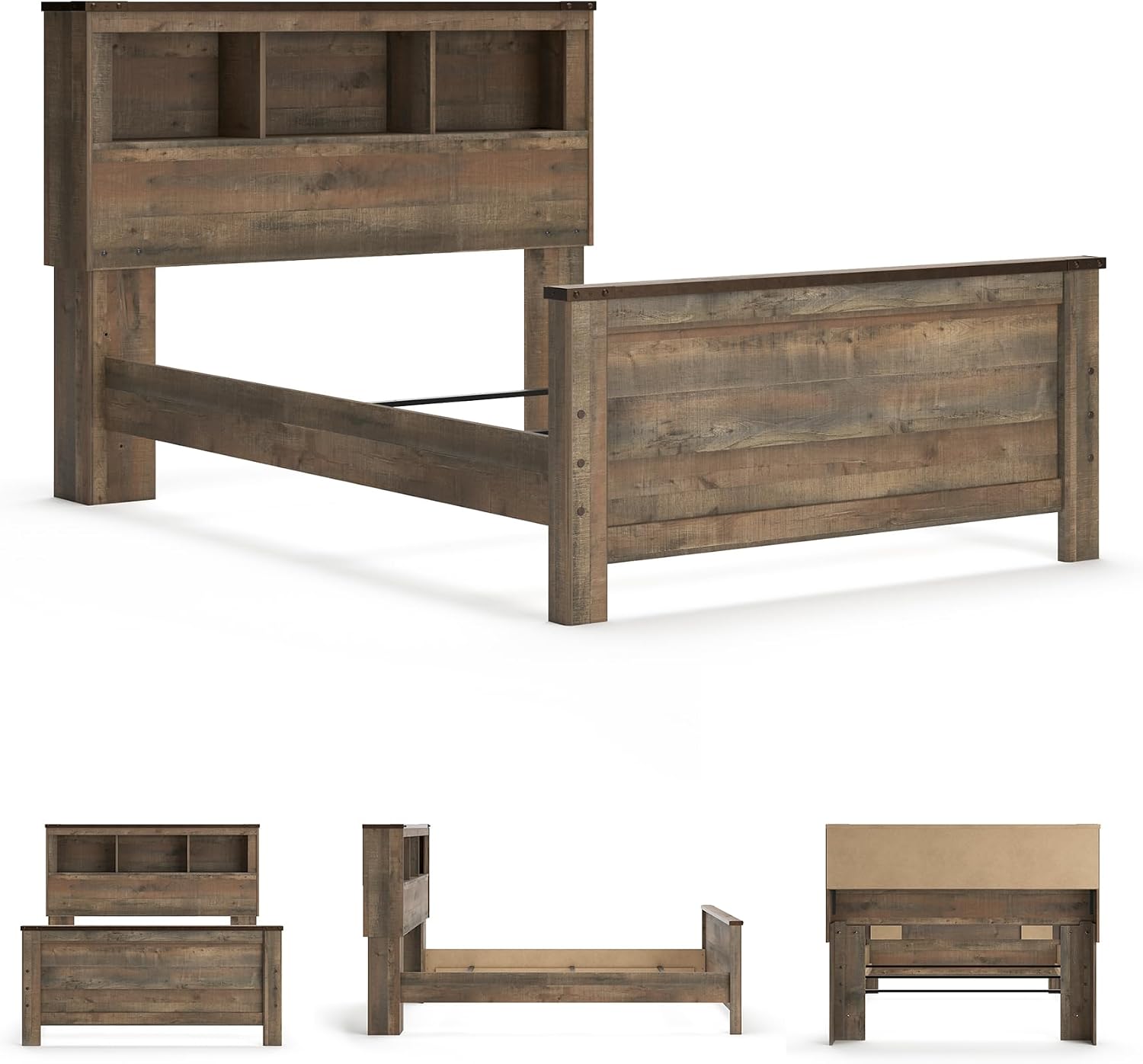 Signature Design by Ashley Trinell Country Rustic Bookcase Panel Bed with Nailhead Accents, Foundation or Box Spring Needed, Full, Dark Brown