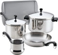 Farberware Classic Series Stainless Steel Pots and Pans with Baking Sheet Pan, Cooking Tools, and Lids, Induction Ready, Dishwasher Safe, 10 Piece Cookware Set, Metal Utensil Safe - Stainless Steel