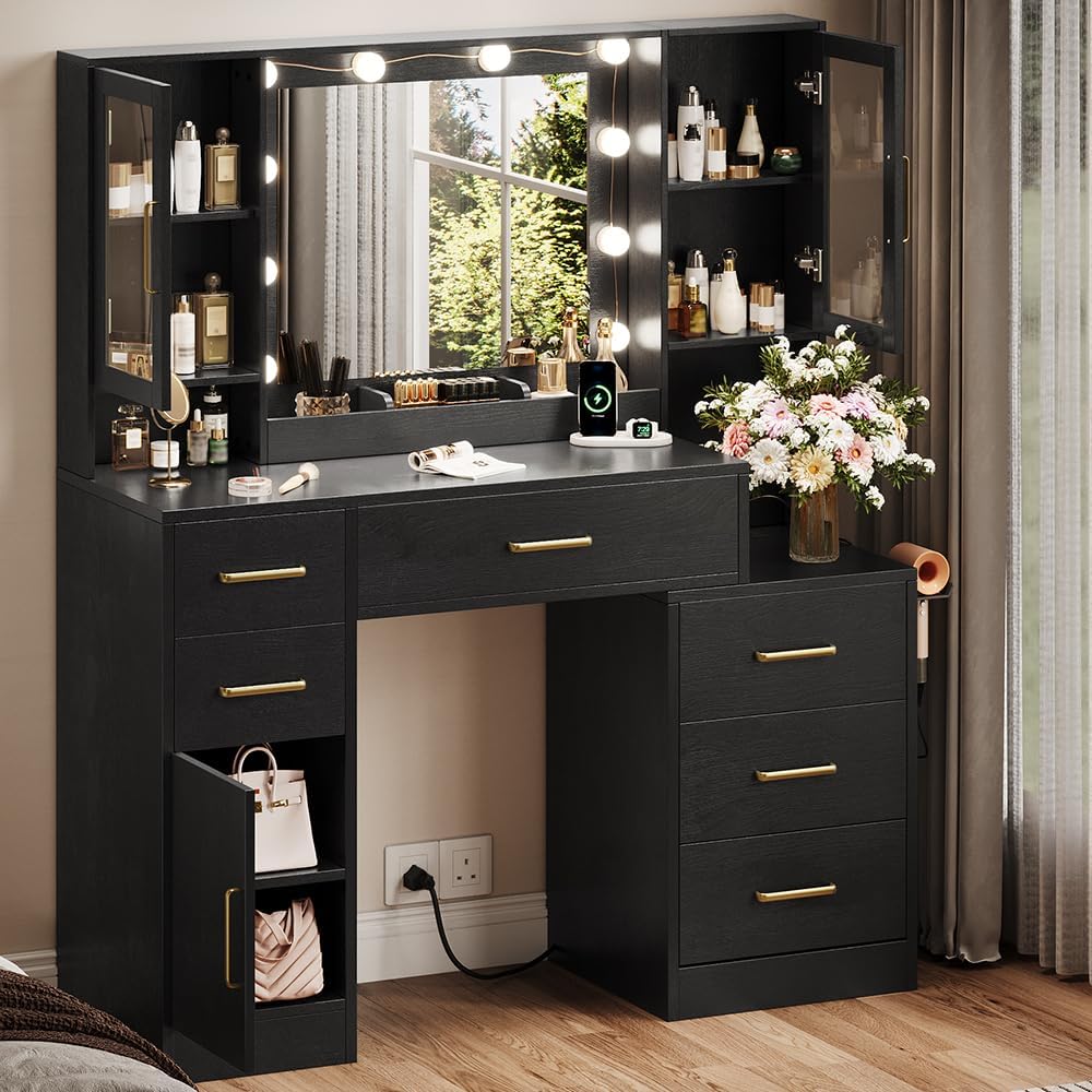 TOKSOM Makeup Vanity Desk with Mirror and Lights, 51' Makeup Vanity with Lights & Charging Station, Dressing Table Vanity Set for Bedroom, Vanity Table with 6 Drawers and 3 Cabinet Black