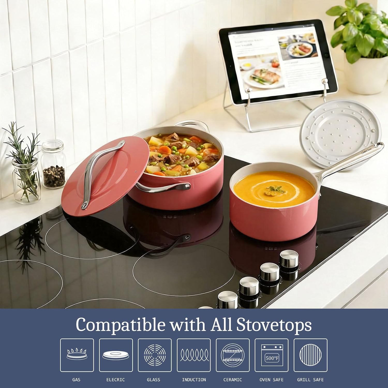 CookinCraze Ceramic Cookware Set, Pots and Pans Set Nonstick with Lid PFAS & PFOA Free, Induction Compatible Oven Safe Up to 500°F Even Heat Distribution, Fusion Red