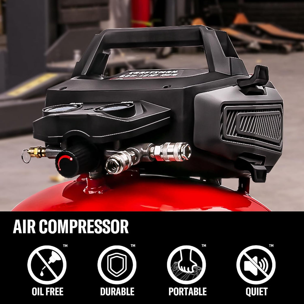 Craftsman 6-Gallon Pancake Air Compressor, 150 PSI, Oil-Free, w/ 16GA Finish, 18GA Brad & 23GA Pin Nailers, 25-Ft Hose