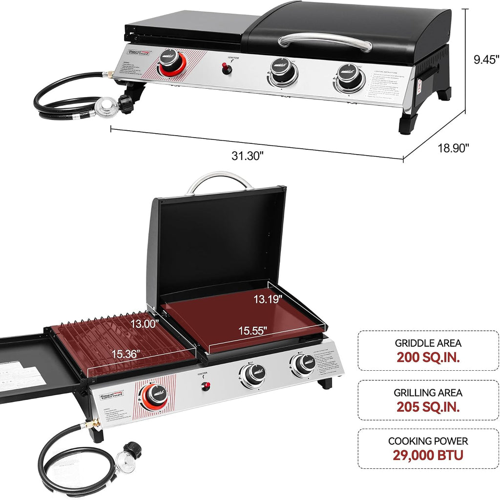3-Burner Portable Propane Gas Griddle with Side Burner, 3-in-1 Grill and Griddle Combo with Lid, Outdoor Cooking, 29,000 BTU, Silver, PD1305H-SC