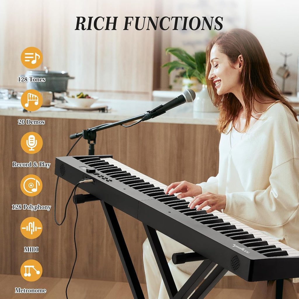 Home Digital Pianos, 88-Key Portable Digital Piano Set with Carry Bag, Sustain Pedal, Headphones, Power Adapter, Note Stickers & Music Sheet Holder for Beginners and Professionals