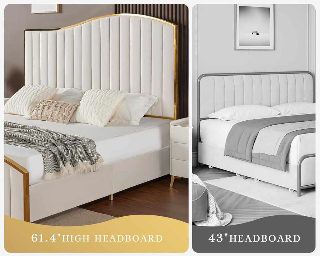 AMERLIFE King Size Bed Frame with 61.4' Tall Headboard, Velvet Upholstered Platform Bed with Gold Trim & Footboard, Wooden Slat Support, No Box Spring Needed, Cream