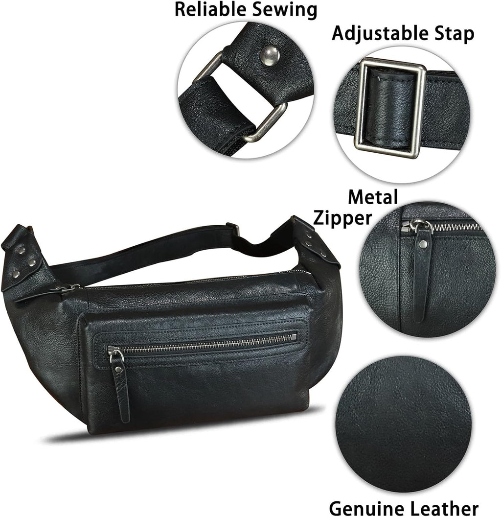 Genuine Leather Fanny Pack for Men and Women Waist Bag Hip Bag Real Leather Fanny Bag Sling Bag Crossbody Bags Chest Purses (Black), LRTO-15023
