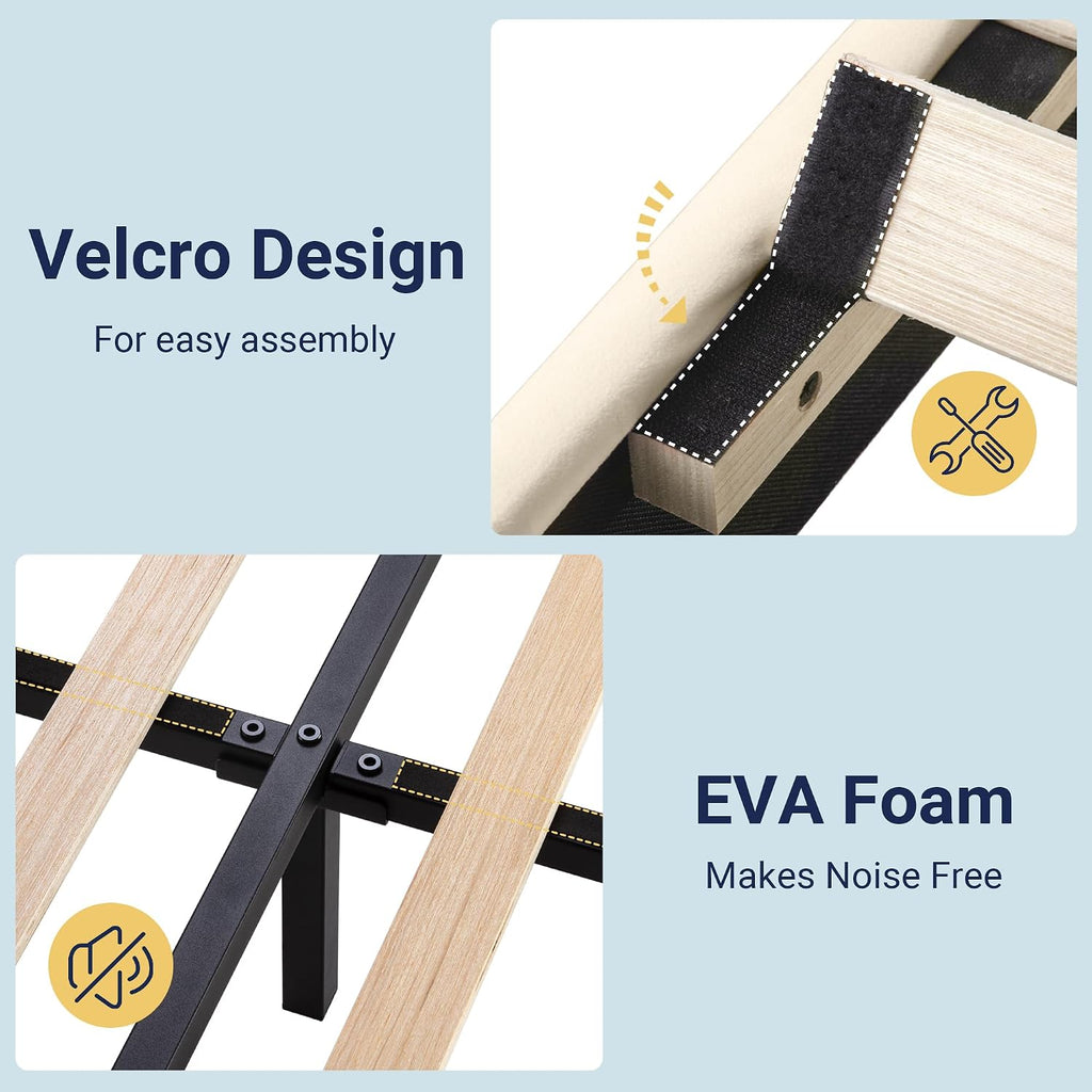 Allewie King Size Platform Bed Frame with Velvet Upholstered Headboard and Wooden Slats Support, Fully Upholstered Mattress Foundation/No Box Spring Needed/Easy Assembly, Cream