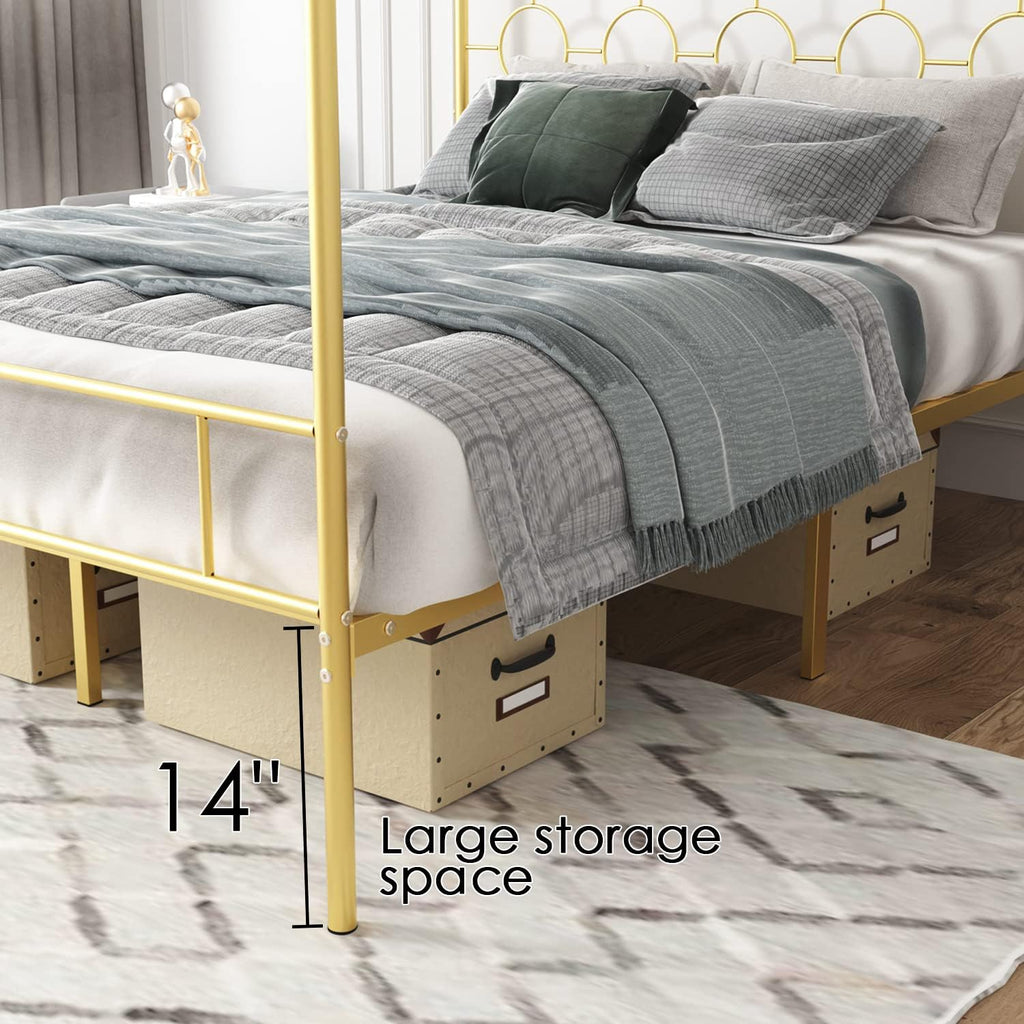 Gold Metal Canopy Bed Frame Queen/Mattress Foundation with Steel Slat Support/No Box Spring Needed/Easy Assembly (Gold, Queen)