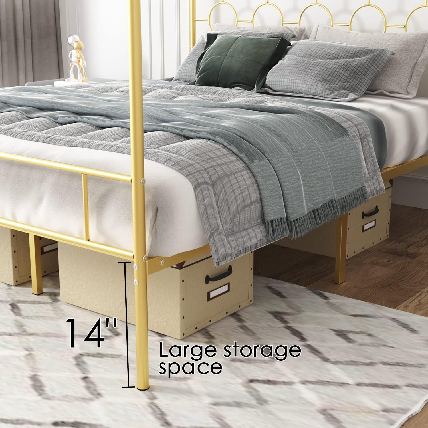 Gold Metal Canopy Bed Frame Queen/Mattress Foundation with Steel Slat Support/No Box Spring Needed/Easy Assembly (Gold, Queen)