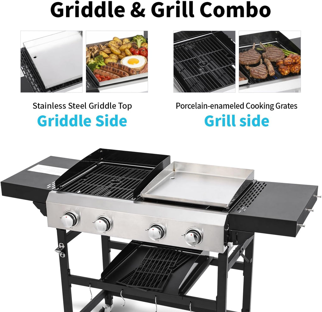 Propane Gas Grill and Griddle Combo, 4 Burner 40,000 BTU Outdoor Cooking Station with 483 Sq. In. Cooking Area, Portable BBQ for Garden Patio Backyard Barbecue