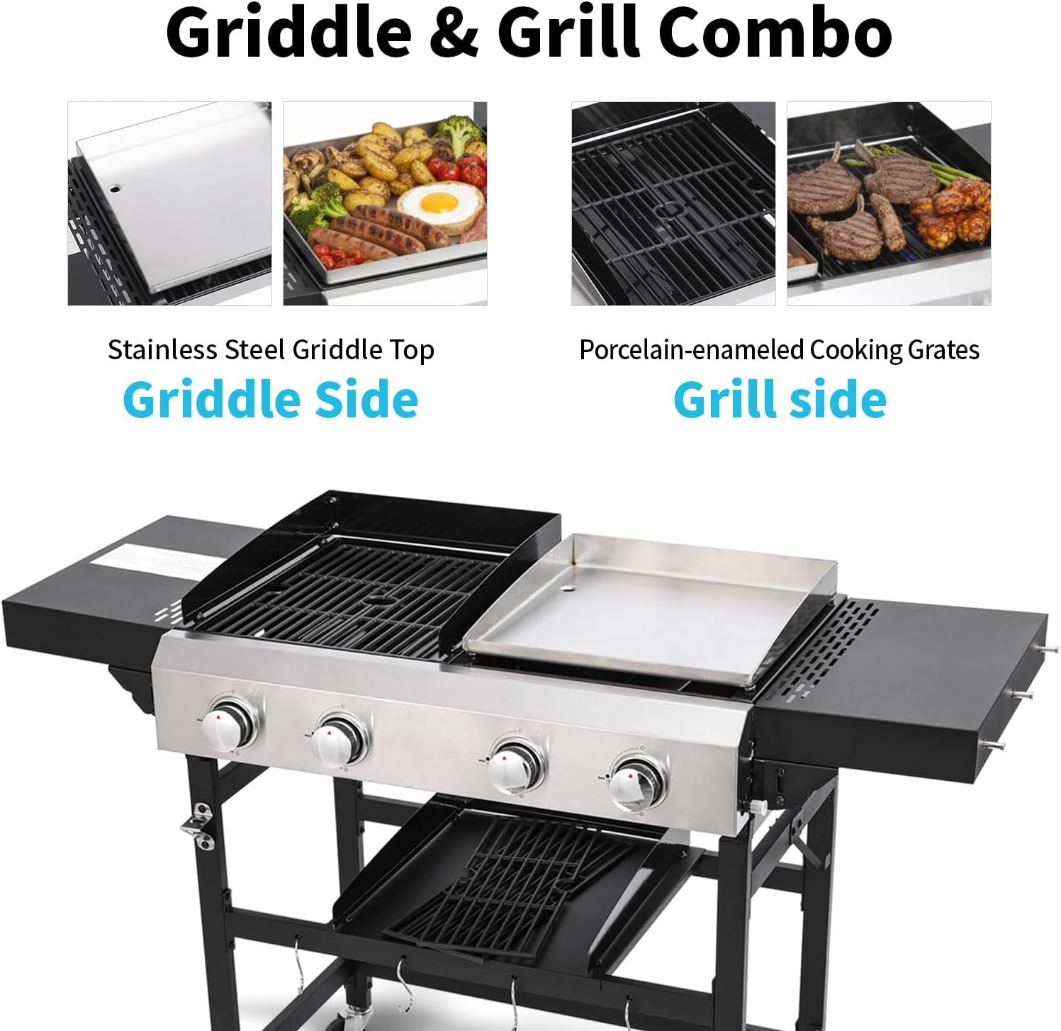 Propane Gas Grill and Griddle Combo, 4 Burner 40,000 BTU Outdoor Cooking Station with 483 Sq. In. Cooking Area, Portable BBQ for Garden Patio Backyard Barbecue