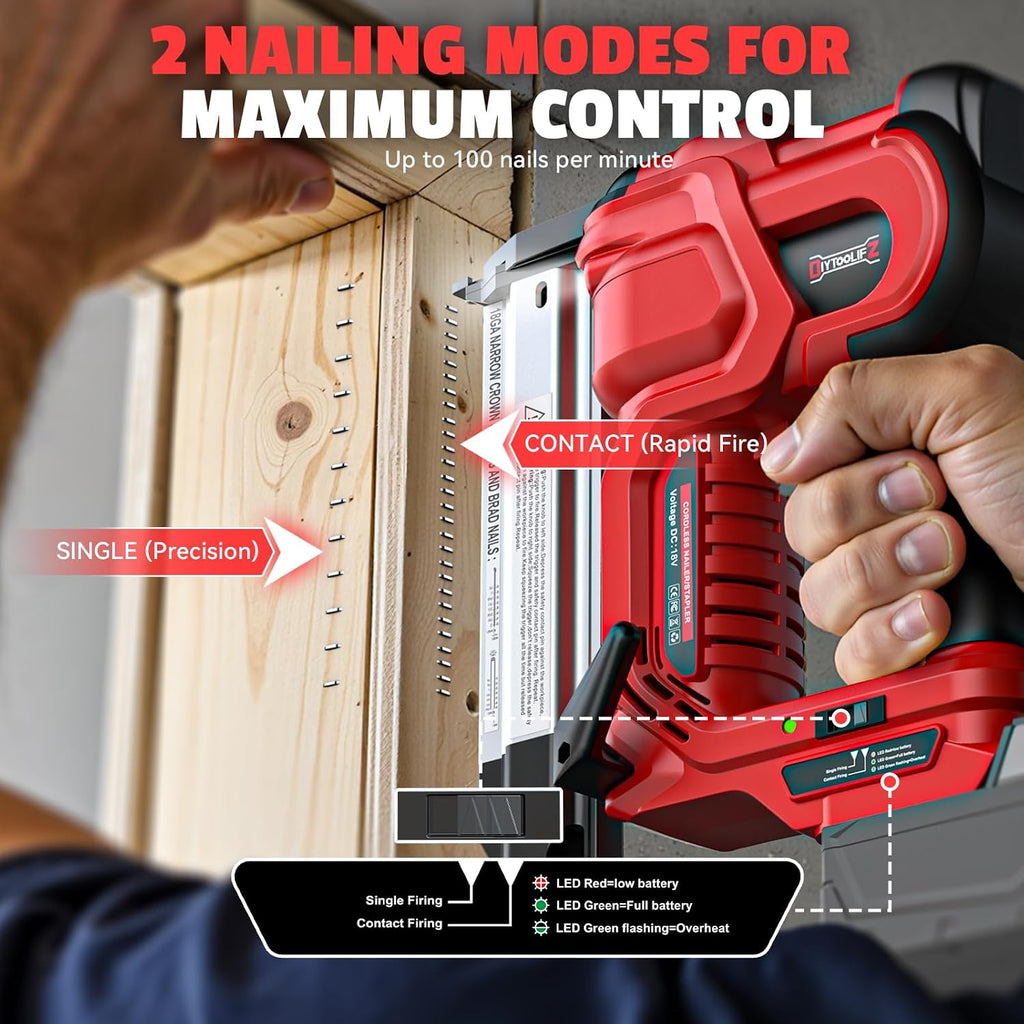 DIYtoolifz 18GA Cordless 2' Brad Nailer Compatible with Milwaukee 18V (Tool Only), 2-in-1 Nail/Staple Gun, Tool-Free Jam, Adjustable Depth, 2 Modes with 400 Nails/Staples for Woodworking, Carpentry