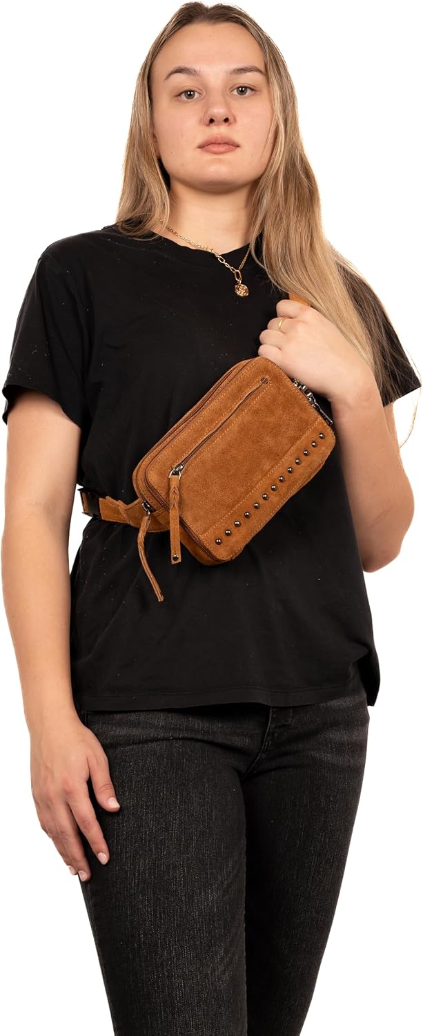 Lady Conceal Kailey Concealed Self Defence Waist Bag by Lady Conceal - Buffalo or Suede Cowhide Leather, 3 Open Sides and Locking Zippers with Universal Holster (Chestnut) - 8' L x 5.5' H x 2.25'