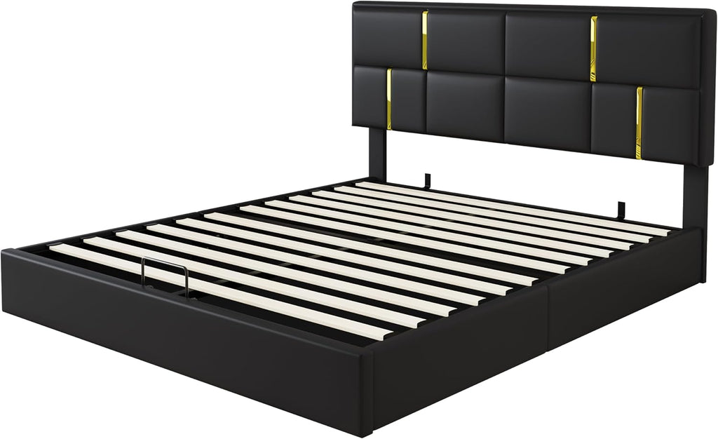 JIJIWANG Queen Size Lift Up Storage Bed with Ottoman - Upholstered Platform Bed Frame with Hydraulic Storage System, Modern Wingback Headboard, Wood Slats Support, No Box Spring Needed, Black