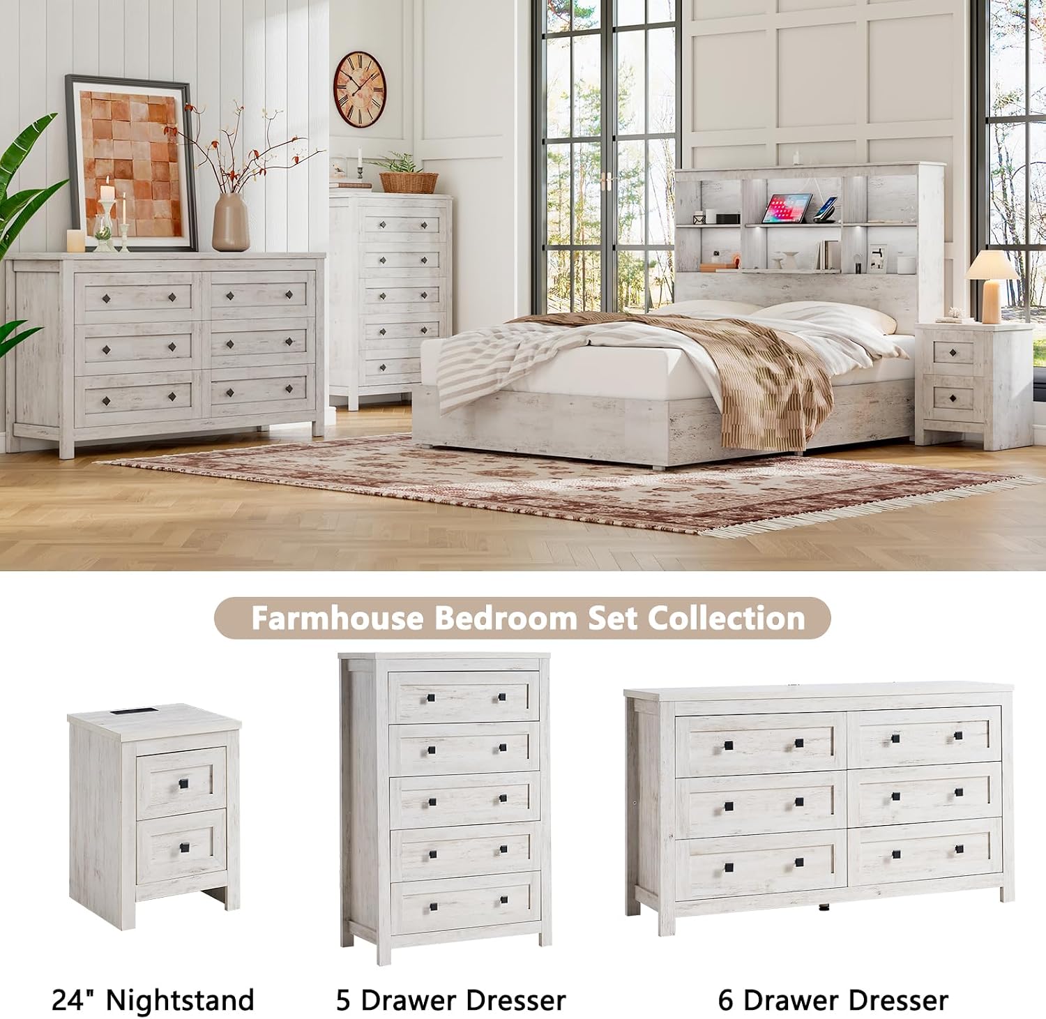 LUXOAK 4 Pieces Farmhouse Bedroom Set, 1 X Wood Rustic 6 Drawer Storage Dresser, 1 X 5 Drawer Dresser, Nightstand Set of 2 with Charging Station, Farmhouse Bedroom Furniture Set, Rustic White