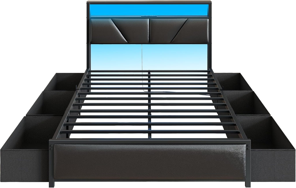 OURPIC Full Size Bed Frame, 2-Tier Storage Headboard & 6 Fabric Drawers, PU Leather Upholstered Platform Bed Frame Full with Charging Station and LED Lights, No Box Spring Needed, Noise Free