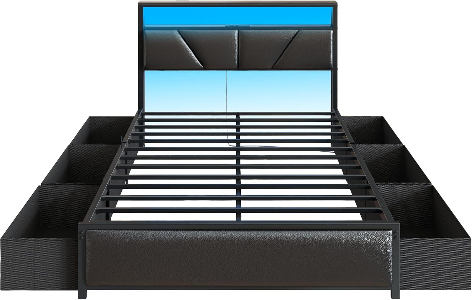 OURPIC Full Size Bed Frame, 2-Tier Storage Headboard & 6 Fabric Drawers, PU Leather Upholstered Platform Bed Frame Full with Charging Station and LED Lights, No Box Spring Needed, Noise Free