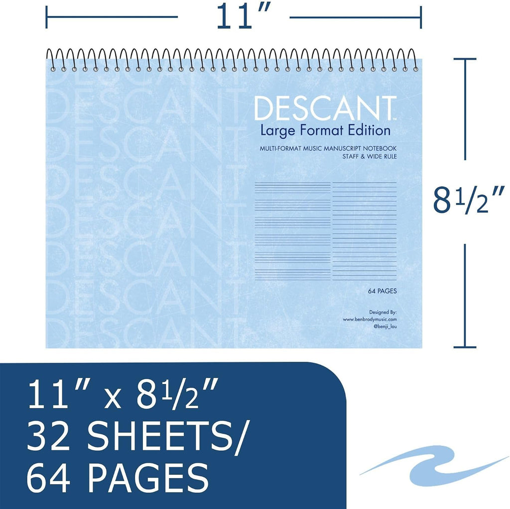 Roaring Spring Descant Spiral Music Notebook, Case of 24, Unique Staff & Wide Ruled Multi-Format Manuscript, 11' x 8.5' 64 Pages, Top Bound, Heavy 20lb White Paper