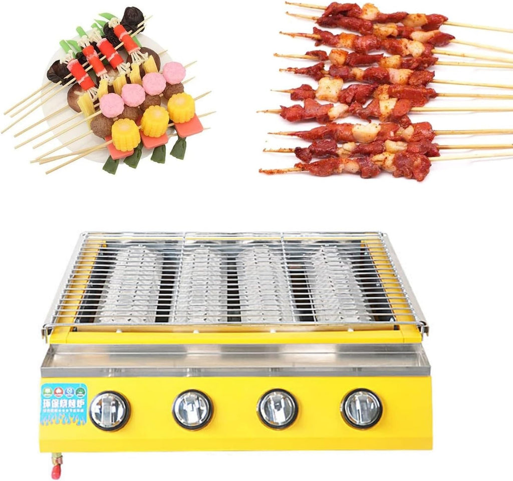 4-Burner Stainless Steel Tabletop Gas BBQ Grill with Grease Tray, Portable Cast Iron Griddle for Outdoor Cooking, Even Heat Distribution, Compact Design, 58x55x20cm, Yellow(Khaki,58x40x20cm)