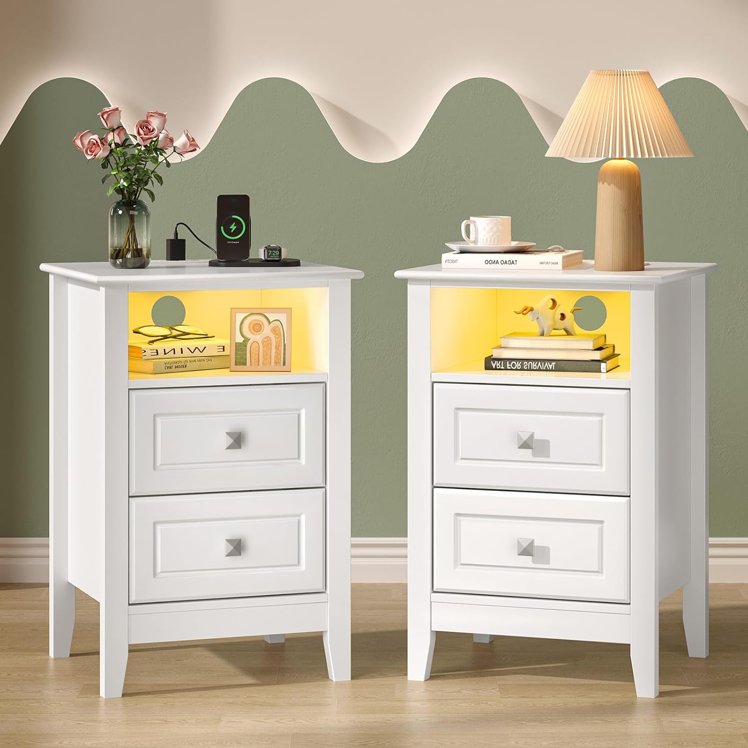 Bonnlo White Nightstand Set of 2 with Charging Station & Led Lights Night Stands White Bedside Table, Wooden Nightstands with Drawers, Modern Nightstand for Bedroom, 15.75' W*13.78' D*23.62' H