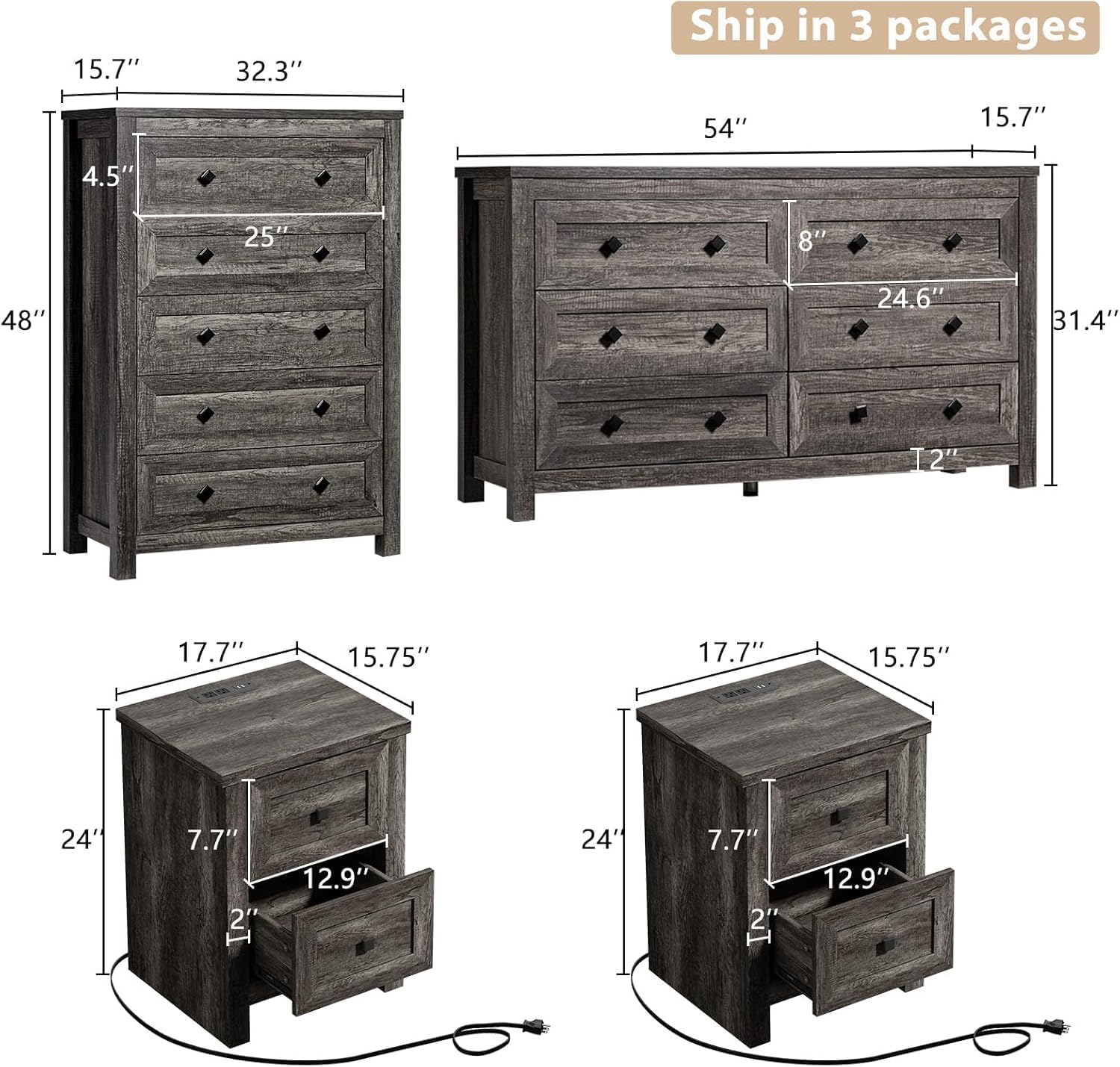 LUXOAK 4 Pieces Farmhouse Bedroom Furniture Set, 1 X 5 Drawer Dresser, 1 X Rustic 6 Drawer Storage Dresser, Nightstand Set of 2 with Charging Station, Farmhouse Bedroom Set, Grey
