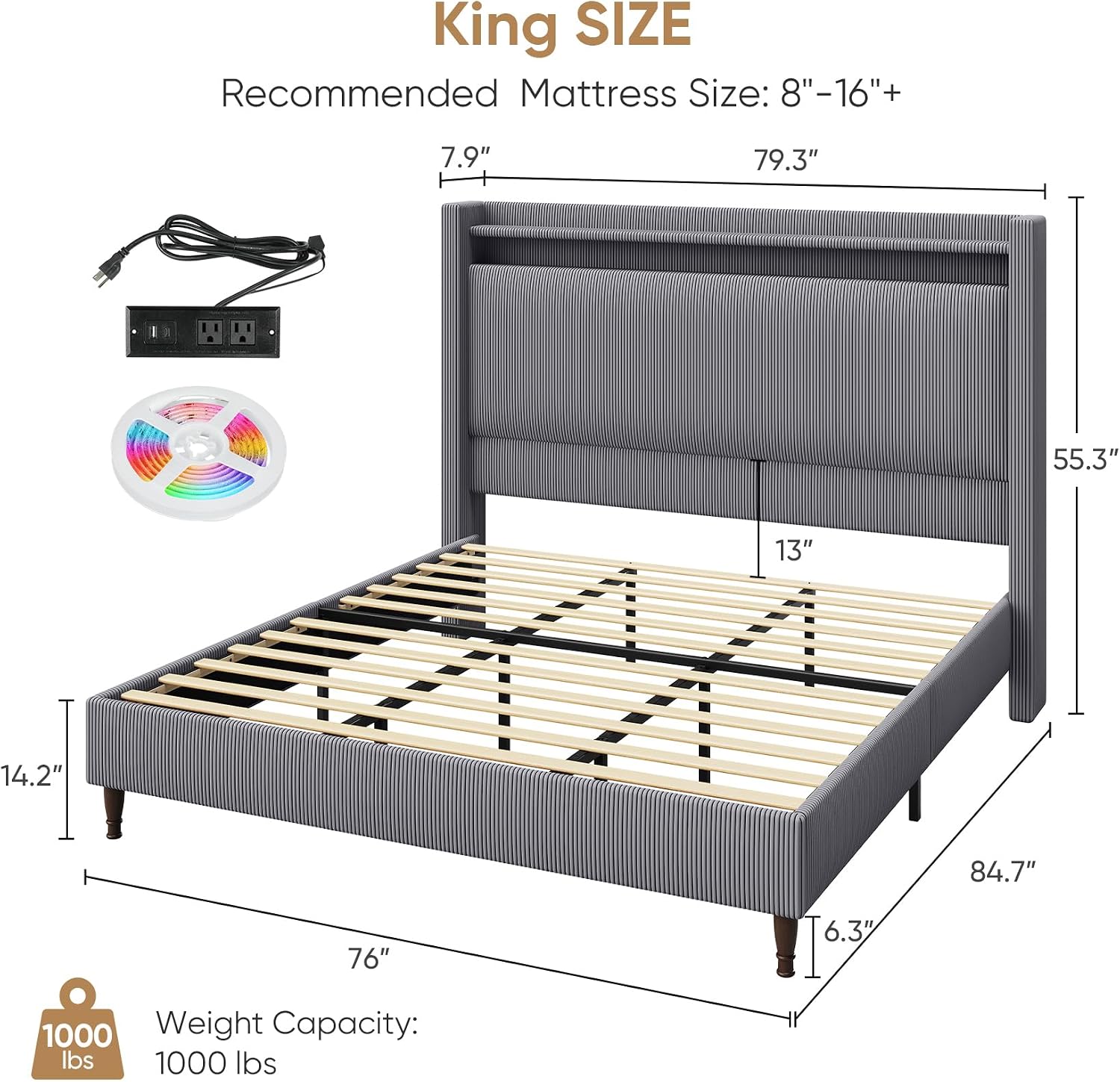King Bed Frame with 55.3' Tall Headboard, Corduroy Upholstered Platform Bed with LED Lights & Charging Station, Wingback Storage Headboard, Solid Wood Slats,Noise Free,No Box Spring Needed,Dark Grey