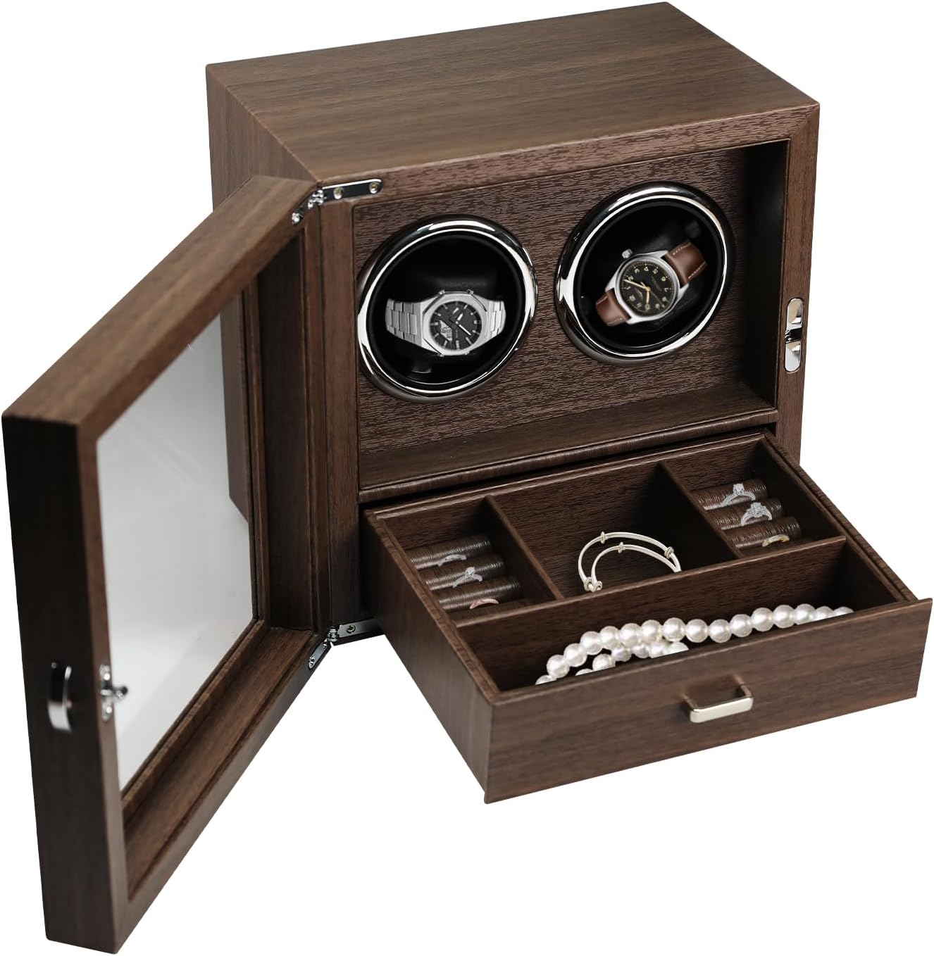 Double Watch Winder for 2 Automatic Watches, Luxury Wood Grain Case with Jewelry Storage Drawer, Ultra-Quiet Motor, 4 Modes & Blue LED - Professional Watch Box for Collectors
