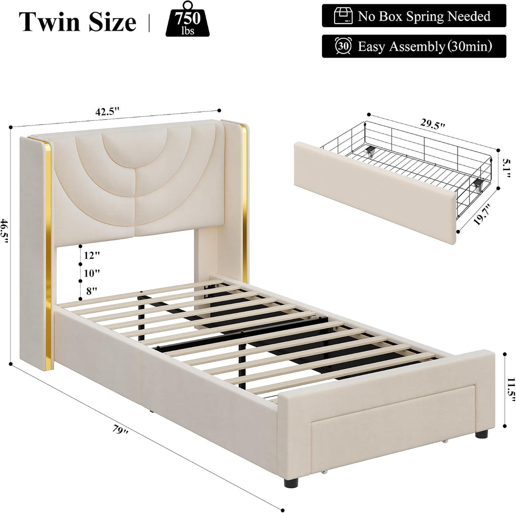 HITHOS Twin Upholstered LED Bed Frame with Storage Drawer, Velvet Kids Bed with Wingback Headboard, Princess Twin Platform Bed for Girls/Kids, Solid Wood Slats Support, No Box Spring Needed, Beige