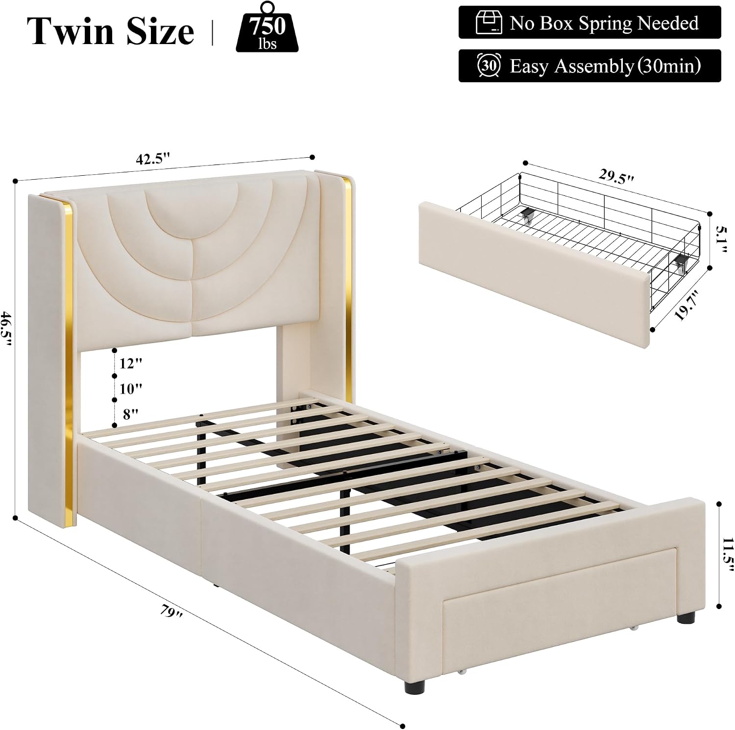 HITHOS Twin Upholstered LED Bed Frame with Storage Drawer, Velvet Kids Bed with Wingback Headboard, Princess Twin Platform Bed for Girls/Kids, Solid Wood Slats Support, No Box Spring Needed, Beige