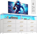 EnHomee 55' W White Dresser for Bedroom with Charging Station & LED Light, 65 Inch TV Stand with 9 Fabric Drawers, Sturdy Dressers & Chest of Drawers with 2 Wood Open Shelves,55.12' Wx11.81 Dx35.43 H